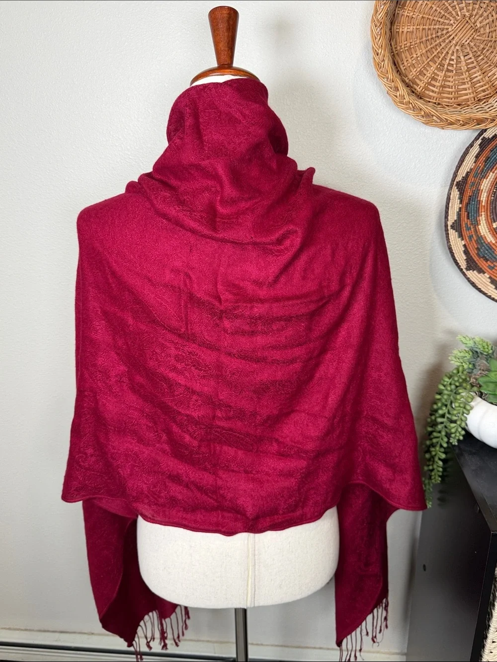 Pashmina Silk Scarf Red Raspberry with Tassels Fringe